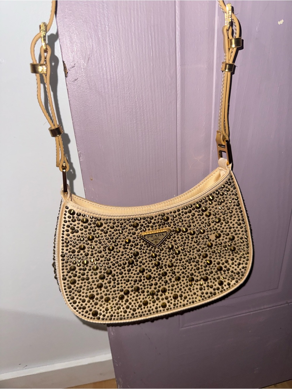 Prada Beige Studded Shoulder Bag with Gold Accents